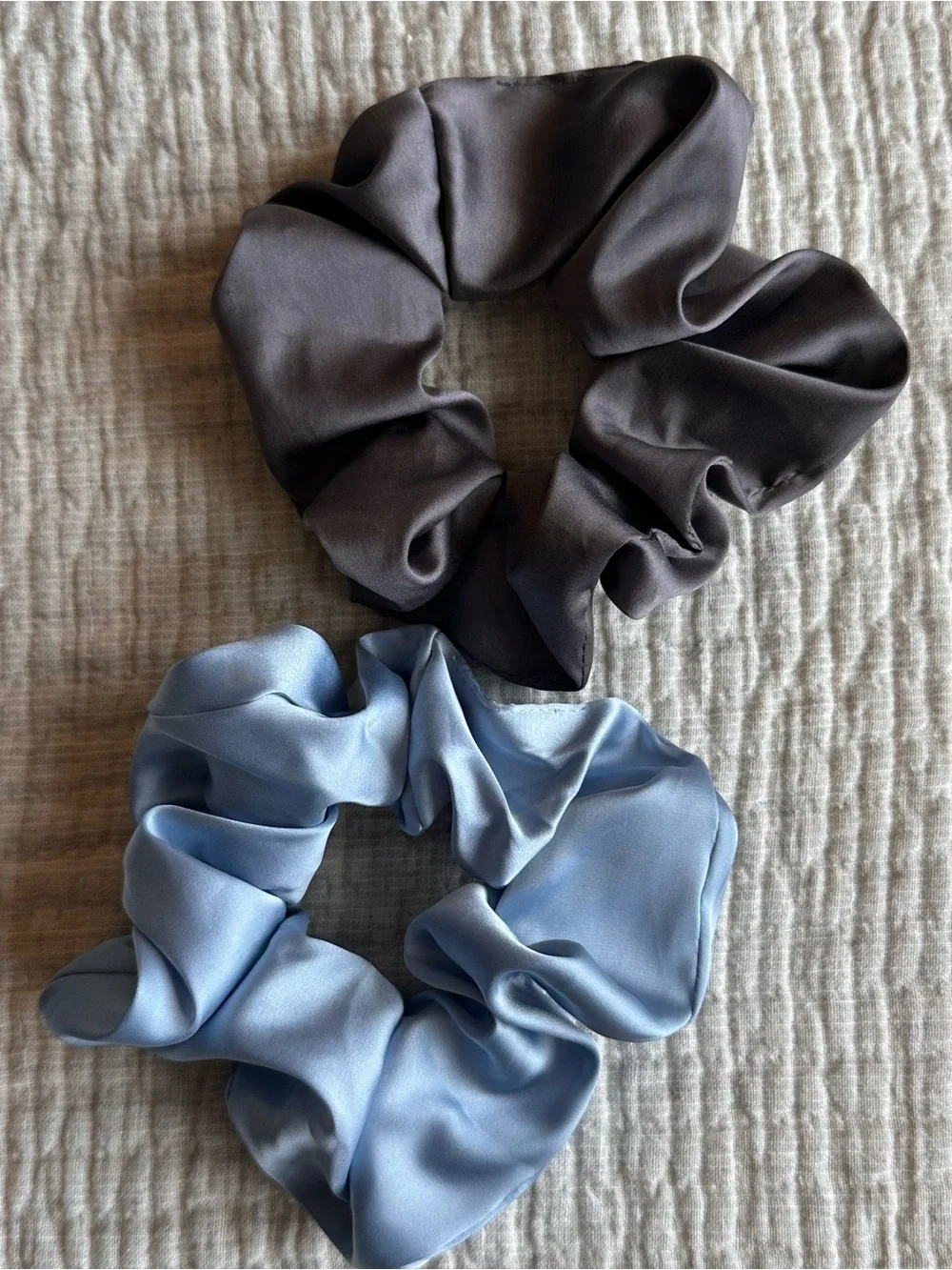 Women's Hair Scrunchies Satin Light Blue Charcoal Gray Set of 2